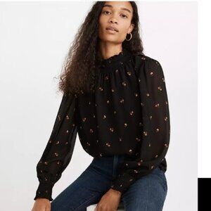 Madewell Georgette Smockneck Black Floral Long Sleeve Peasant Blouse Size XL